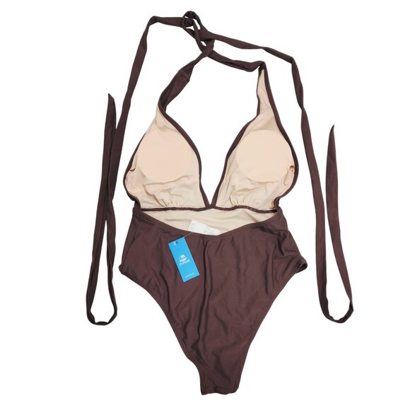 Brown Halter Plunge One-Piece Swimsuit Womens Size M By Cupshe - Picture 2 of 6
